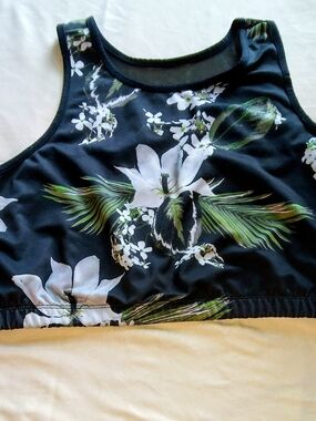Black Floral Sports Bra with Green and White Print